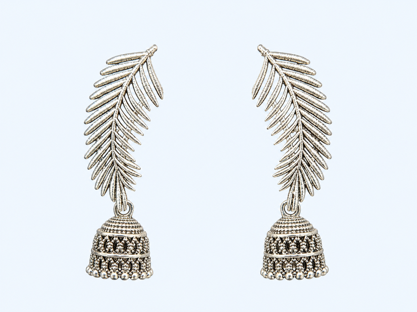 Silver Feather Leaf Dangly Earrings with Jhumka Charms - Bohemian Wholesale